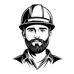 Monochrome portrait illustration of a serious-looking man with a beard wearing a hard hat. Represents construction, engineering, manual labor, and skilled trades.