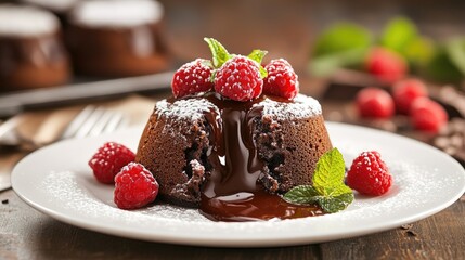 Chocolate Lava Cake with Raspberries and Mint Garnish on Plate