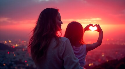 A mother holds her daughter on a hill overlooking a city at sunrise, while the child forms a heart shape with her hands around the sun