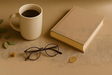 A cozy and inviting setup featuring a warm cup of coffee, an open book, and stylish glasses, perfect for a relaxing moment. Ideal for lifestyle, reading, and wellness themes