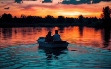 Romantic sunset view of a couple boating on a tranquil lake.