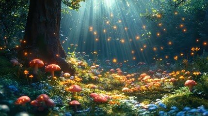 Mystical forest scene with glowing mushrooms enchanted fireflies and magica