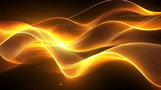 Luminous, sinuous golden waveforms cascade. A vibrant, flowing and captivating abstract graphic design