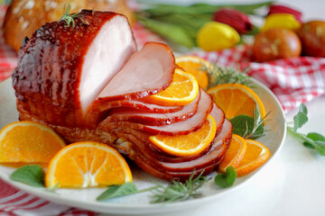 Honey glazed Easter ham. Selective focus.
