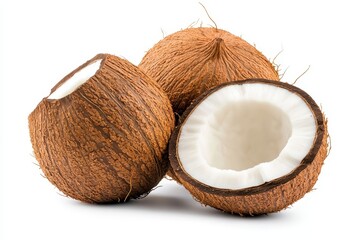 Three coconuts, one whole, two halved, on white background
