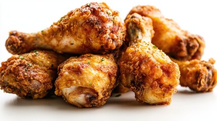 Crispy Golden Brown Fried Chicken Drumsticks on White Background