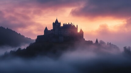 Obraz premium Misty sunrise over a medieval fortress.