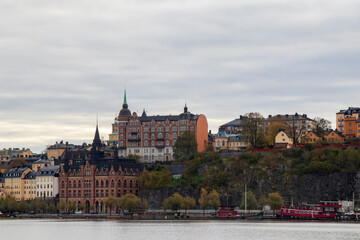 Scenic view of Södermalm district with historic buildings by the water in Stockholm, Sweden