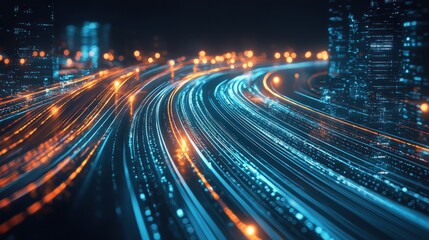 Fototapeta premium Abstract Cityscape: Data Streams and Digital City at Night