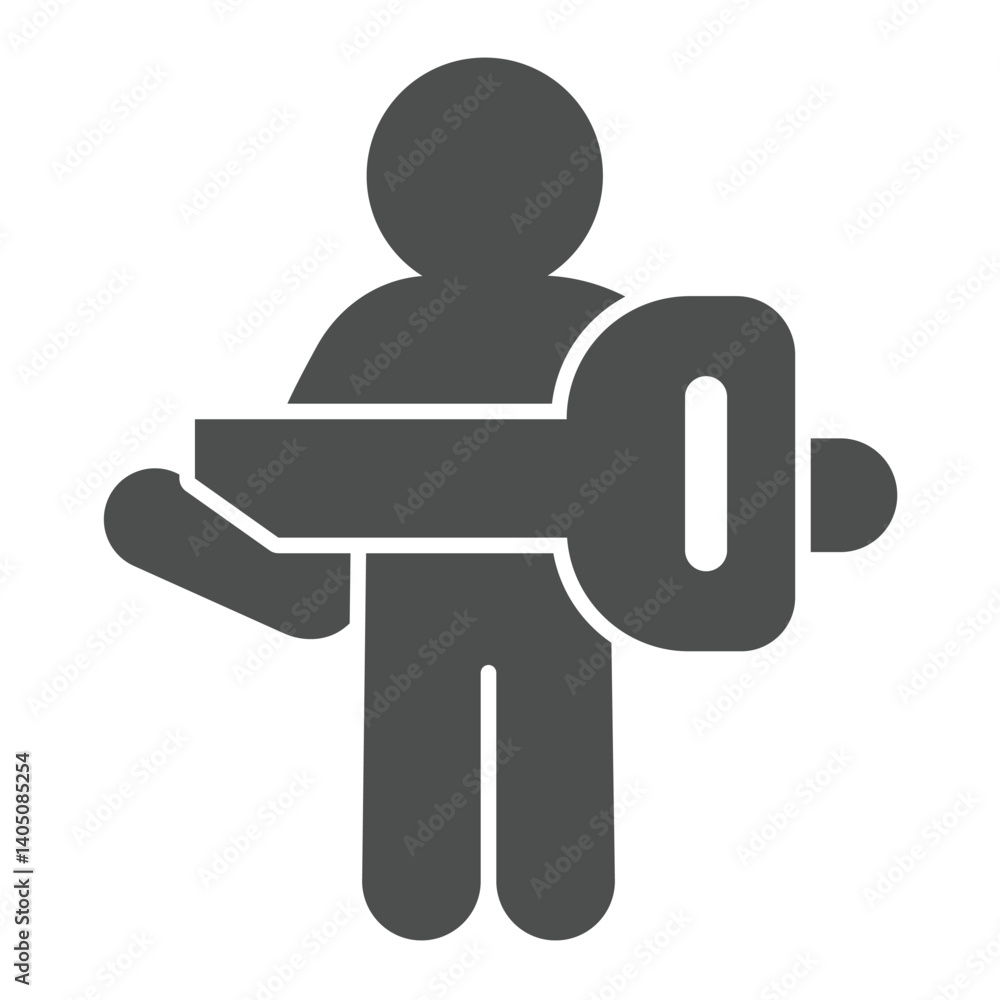 Poster man with big key solid icon, recruitment concept. vector graphics. worker with key, human recourse s