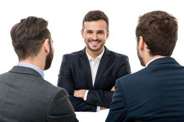 Fototapeta premium Confident business professional engaging in a meeting with two colleagues for discussion and collaboration