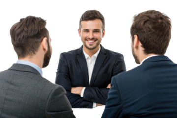 Confident business professional engaging in a meeting with two colleagues for discussion and collaboration