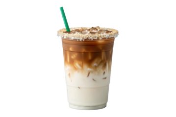 Iced coffee drink with creamy layers and a decorative rim designed for summer refreshment and enjoyment