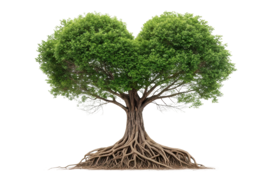 Heart-shaped tree symbolizes love and nature connection with roots and foliage