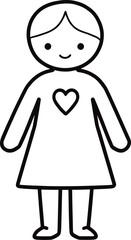Simple Black and White Line Art of a Smiling Person with a Heart Symbol on Their Dress – Minimalist Vector Illustration for Kindness and Positivity