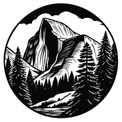 Black and White Mountain Landscape Illustration: Half Dome, Yosemite National Park, Trees, Nature, Circular Design, Engraving Style