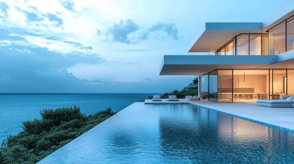 Fototapeta premium Luxury Oceanfront Villa with Infinity Pool: Modern Architecture and Breathtaking Views