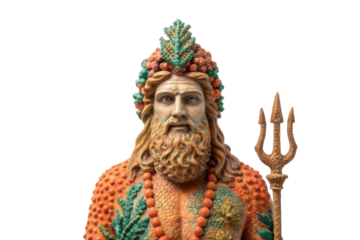 Vibrant sculpture of a mythical sea god adorned with colorful decorations for ocean-themed celebration