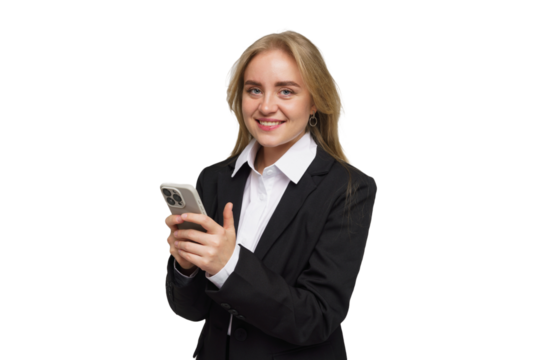 Professional Young Woman in a Formal Suit Smiles While Using Her Smartphone in a Bright Setting