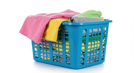 Fototapeta premium Bright blue plastic laundry basket with a grid-like pattern, filled with neatly folded clothing items in vibrant hues pink, yellow, green, and gray