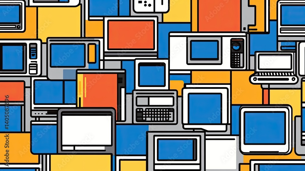 Poster colorful array of retro and modern technology in abstract design