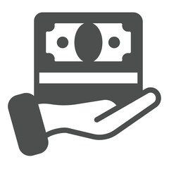 Stacked banknotes in hand solid icon, employment concept. Vector graphics. Hand with salary, money sign on white background, glyph style icon for mobile or web design.