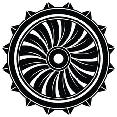 Black and White Turbine Engine Illustration: Vector Graphic of Jet Engine Fan Blades with Circular Design and Spiked Outer Ring