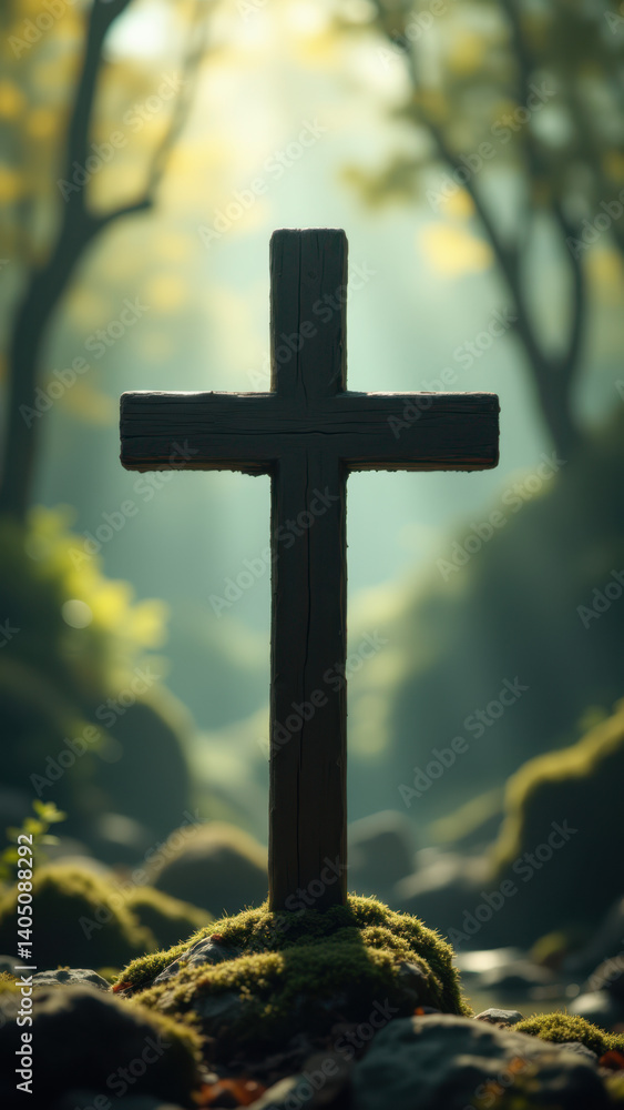 Poster cross in a forest with sunlight filtering through the trees.