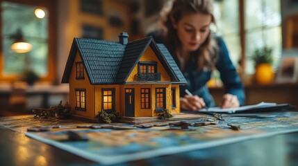 Origami house model on table 
