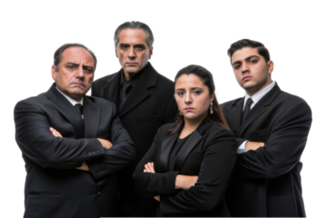 Group of serious business professionals in formal attire posing confidently for a corporate setting or leadership event