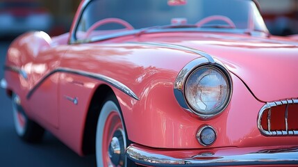 Fototapeta premium Pink vintage convertible car parked outdoors showing headlight