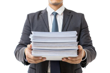 Business professional holding stack of documents in office attire with focused expression conveying seriousness and responsibility