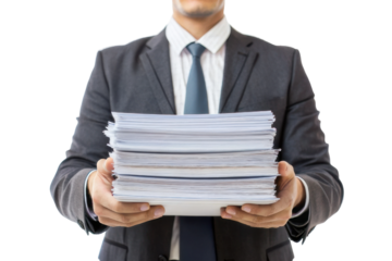 Business professional holding stack of documents in office attire with focused expression conveying seriousness and responsibility