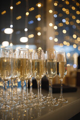 A perfectly arranged row of elegant champagne glasses is meticulously lined up on a beautifully set...