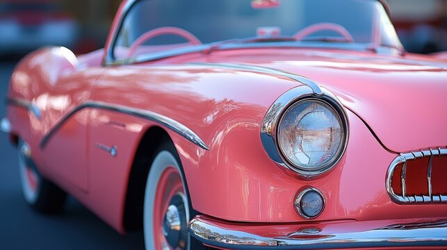 Fototapeta Pink vintage convertible car parked outdoors showing headlight