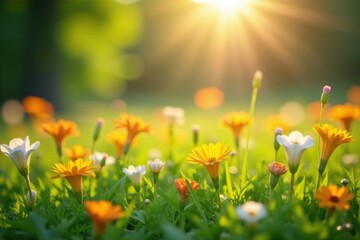 Vibrant blooms, sunlit meadow, lush green backdrop, photo, plants