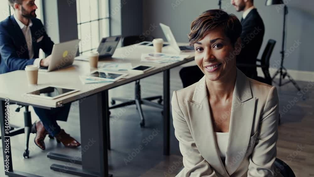 Poster businesswoman smiles while sitting in front of a meeting table where colleagues are discussing, crea