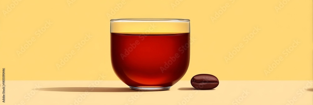 Poster small red beverage in minimalist glass centered on yellow and white split background designed with c