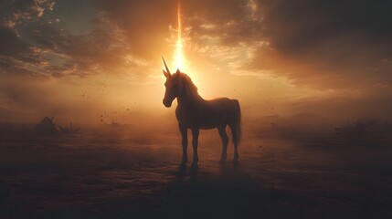Unicorn Under Golden Light: A majestic unicorn stands silhouetted against a fiery sunset, its horn a beacon of hope and magic. The mystical creature, surrounded by an ethereal glow.