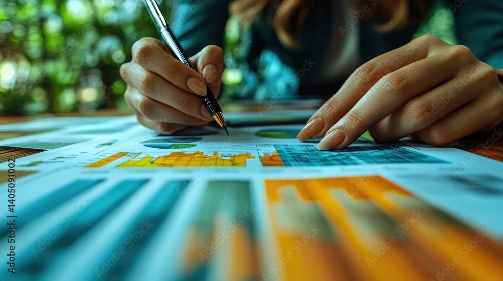 Aufkleber analyzing business data: a close-up of hands reviewing charts and graphs