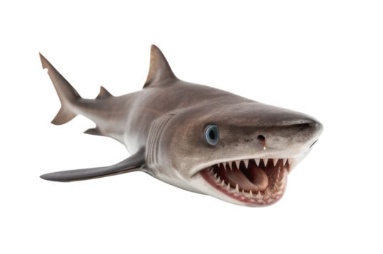 Shark with open jaws showcasing sharp teeth and expressive eyes in a dynamic pose for educational purposes