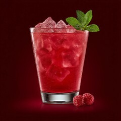 Transparent glass of vibrant red raspberry cocktail with mint garnish and crushed ice on orange gradient background shot in studio lighting for fruity beverage mockup and summer drink design