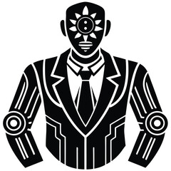 Futuristic Robot Businessman Illustration: AI Concept Art in Black and White, Modern Tech Design, Sci-Fi Corporate Avatar Graphic