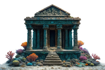 Ancient temple surrounded by vibrant coral reef in a serene underwater landscape designed for educational or artistic purposes
