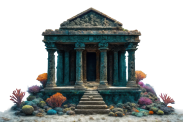Ancient temple surrounded by vibrant coral reef in a serene underwater landscape designed for educational or artistic purposes