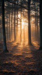 Obraz premium Sunlight streams through dense forest, creating an ethereal, golden glow