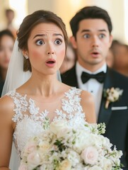 Stunned newlywed couple reacting to unexpected wedding day surprise