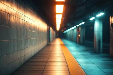 Empty subway platform passageway bathed in ambient light.