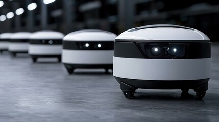 Obraz premium A line of white robots with black accents.