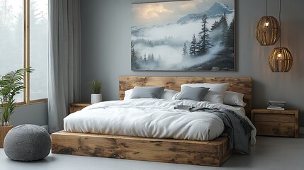 Wooden bedframe with curated interior elements high resolution images